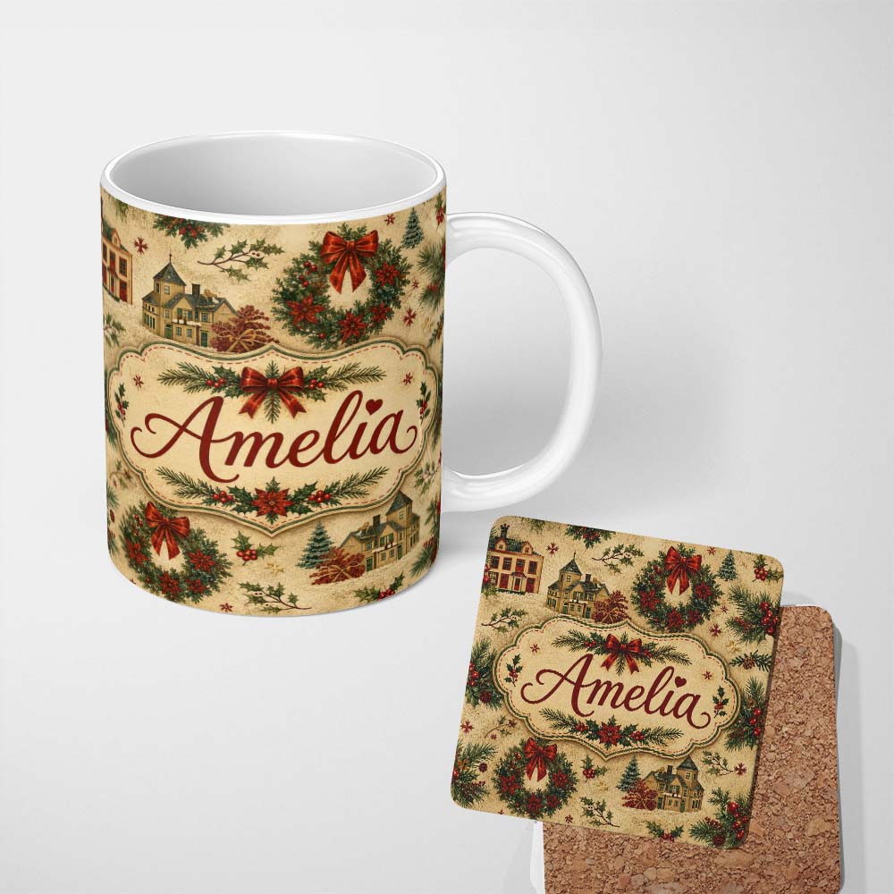 Personalized Custom Name Vintage Christmas Wreaths Bows Houses and Festive Holiday Elements 11oz Ceramic Coffee Tea Mug White Large Handle