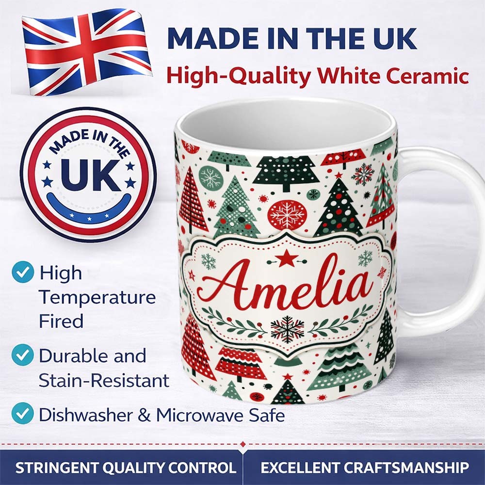 Personalized Custom Name Minimal Christmas Trees and Snowflake Shapes in Red Green Style 11oz Ceramic Coffee Tea Mug White Large Handle