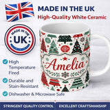 Personalized Custom Name Minimal Christmas Trees and Snowflake Shapes in Red Green Style 11oz Ceramic Coffee Tea Mug White Large Handle