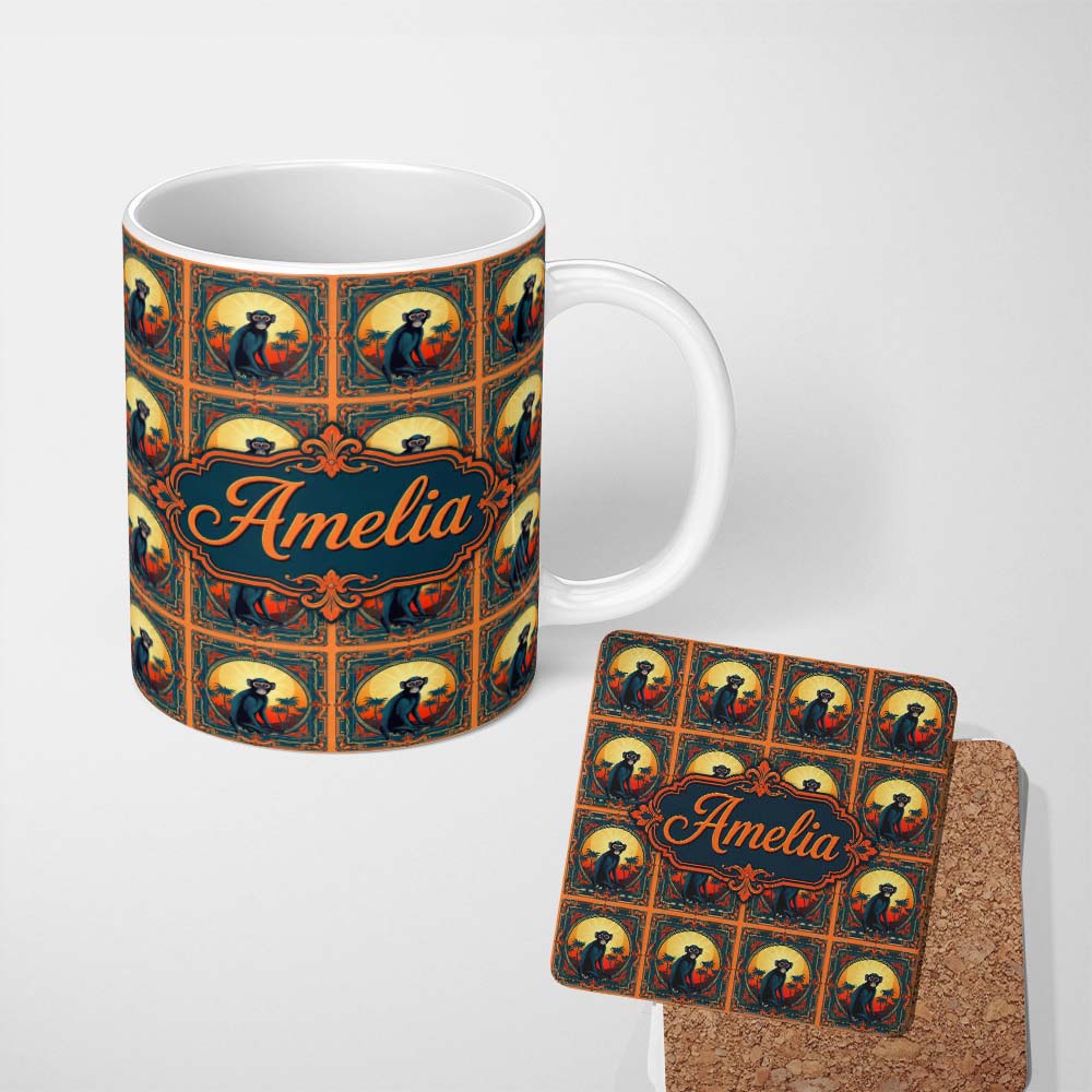 Personalized Custom Name Tropical Sunset Monkey Silhouette in Decorative Frame Repeat Pattern 11oz Ceramic Coffee Tea Mug White Large Handle