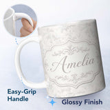 Personalized Custom Name Elegant Soft Grey Damask Floral with Delicate Vintage Texture Design 11oz Ceramic Coffee Tea Mug White Large Handle