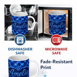 Personalized Custom Name Blue Pixel Mosaic Gradient Abstract Seamless Pattern Lovely 11oz Ceramic Coffee Tea Mug White Large Handle