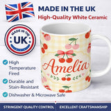 Personalized Custom Name Cute Cherry Fruit with Bow and Sprinkles Yellow Gingham Check Lovely 11oz Ceramic Coffee Tea Mug White Large Handle