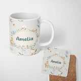 Personalized Custom Name Swan and Ducklings with Flowers Mushrooms Soft Grey Seamless 11oz Ceramic Coffee Tea Mug White Large Handle