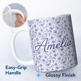 Personalized Custom Name Soft Lavender Watercolor Floral Seamless Pattern Delicate Botanical 11oz Ceramic Coffee Tea Mug White Large Handle