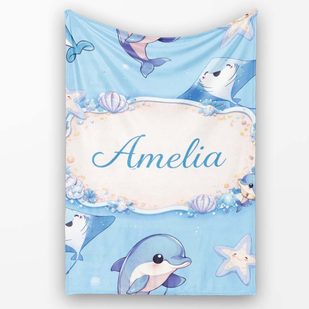 Cute Dolphin Stingray Starfish Cartoon Sea Life Pattern Blue Lovely  Personalised Custom Name Super Soft Fleece Blanket Bed Sofa Throw