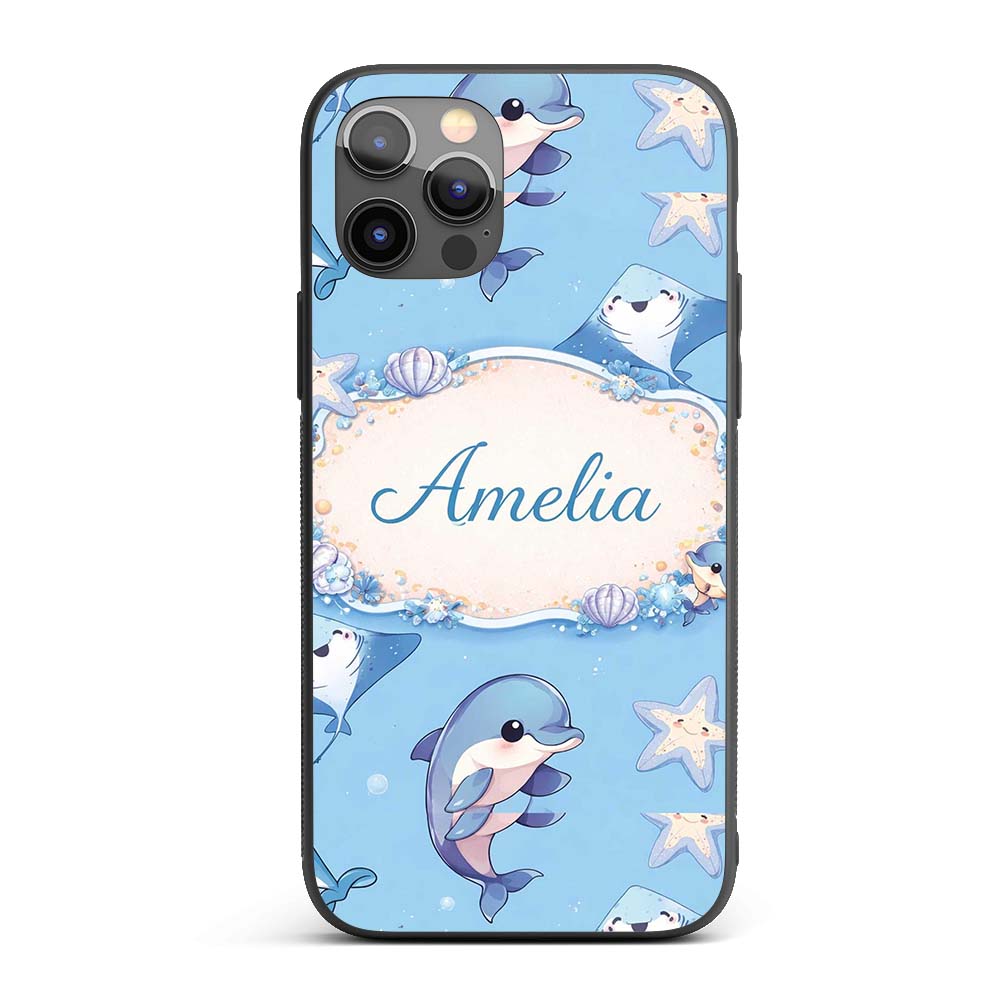 Cute Dolphin Stingray Starfish Cartoon Sea Life Custom Name Protective Phone Case Mobile Cover Durable Everyday Smartphone Shock Resistant
