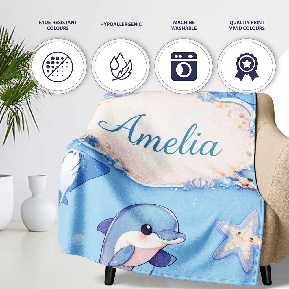 Cute Dolphin Stingray Starfish Cartoon Sea Life Pattern Blue Lovely  Personalised Custom Name Super Soft Fleece Blanket Bed Sofa Throw