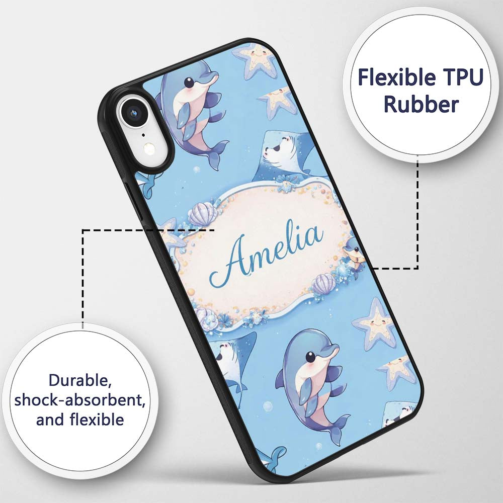 Cute Dolphin Stingray Starfish Cartoon Sea Life Custom Name Protective Phone Case Mobile Cover Durable Everyday Smartphone Shock Resistant