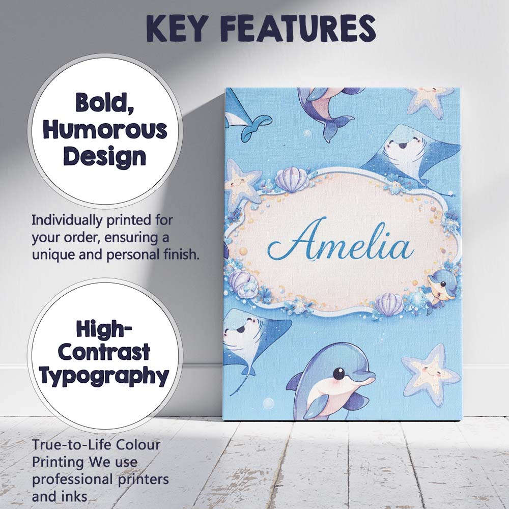 Personalised Name Cute Dolphin Stingray Starfish Cartoon Sea Life Custom  Bespoke Canvas Wall Art Print Decor Picture Ready to Hang