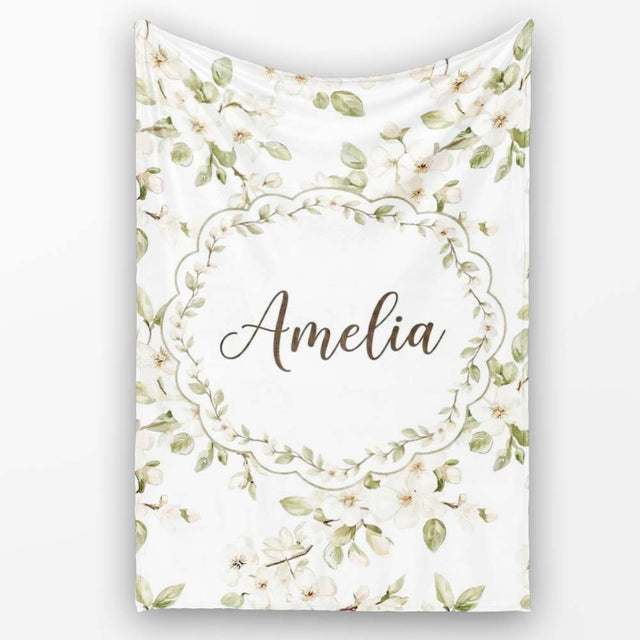 Elegant White Blossom Floral Pattern with Soft Green Leaves Seamless  Personalised Custom Name Super Soft Fleece Blanket Bed Sofa Throw