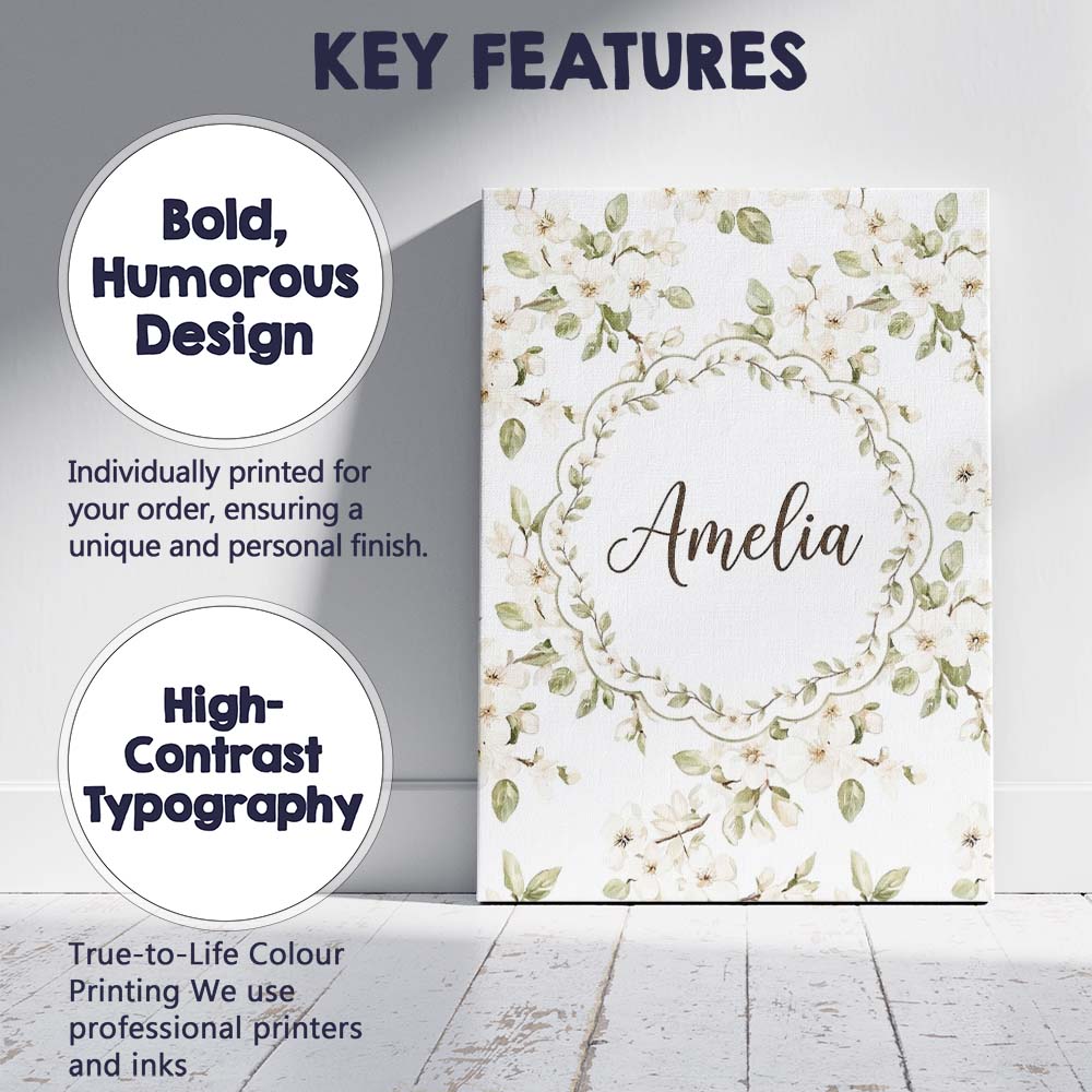 Personalised Name Elegant White Blossom Custom  Unique Gift Idea Modern Room Accent Canvas Wall Art Print Decor Picture Ready to Hang