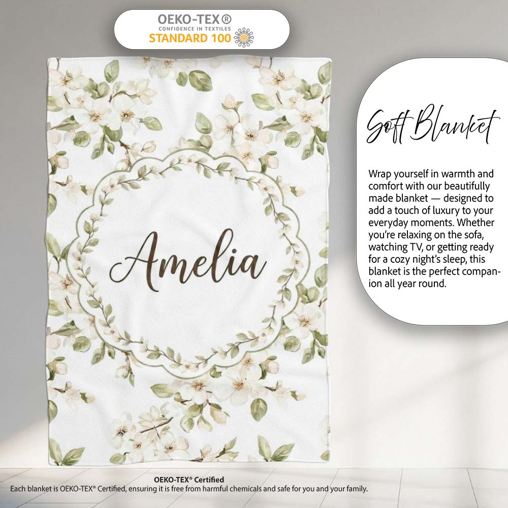 Elegant White Blossom Floral Pattern with Soft Green Leaves Seamless  Personalised Custom Name Super Soft Fleece Blanket Bed Sofa Throw