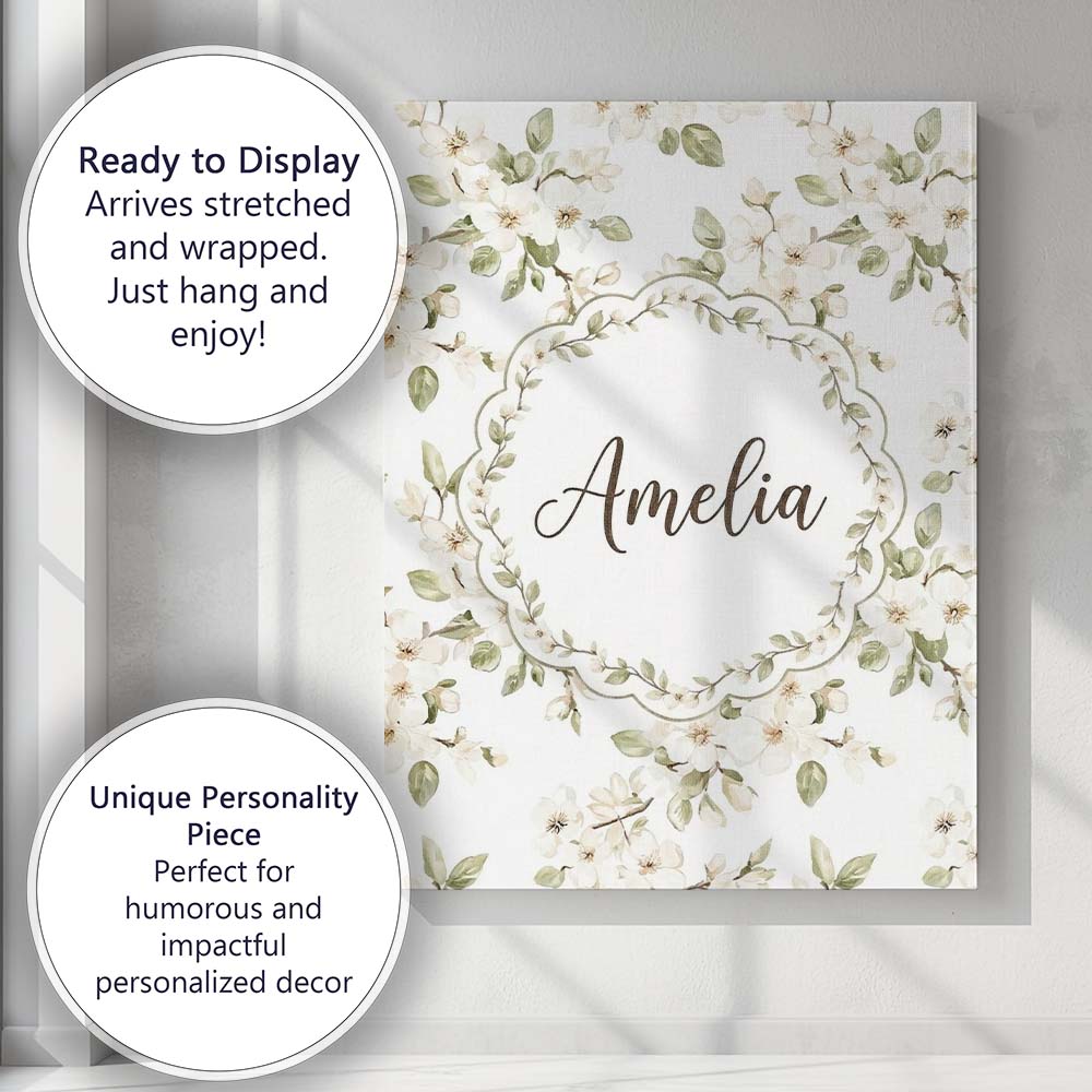 Personalised Name Elegant White Blossom Custom  Unique Gift Idea Modern Room Accent Canvas Wall Art Print Decor Picture Ready to Hang