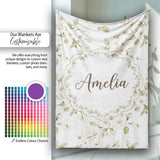 Elegant White Blossom Floral Pattern with Soft Green Leaves Seamless  Personalised Custom Name Super Soft Fleece Blanket Bed Sofa Throw