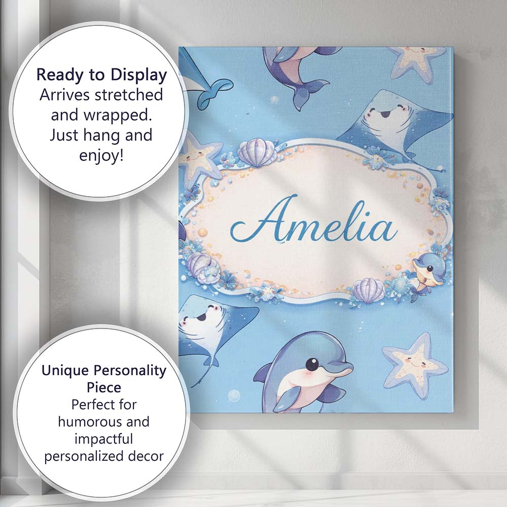 Personalised Name Cute Dolphin Stingray Starfish Cartoon Sea Life Custom  Bespoke Canvas Wall Art Print Decor Picture Ready to Hang