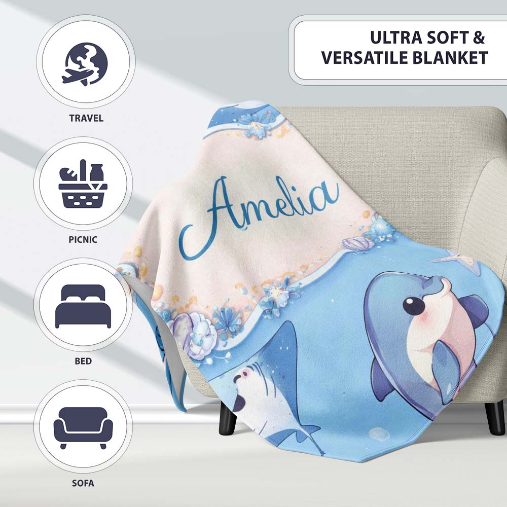 Cute Dolphin Stingray Starfish Cartoon Sea Life Pattern Blue Lovely  Personalised Custom Name Super Soft Fleece Blanket Bed Sofa Throw