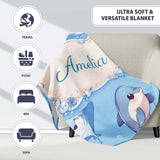 Cute Dolphin Stingray Starfish Cartoon Sea Life Pattern Blue Lovely  Personalised Custom Name Super Soft Fleece Blanket Bed Sofa Throw