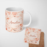 Personalized Custom Name Coral Floral Hot Air Balloon Nursery Pattern Seamless Watercolour 11oz Ceramic Coffee Tea Mug White Large Handle