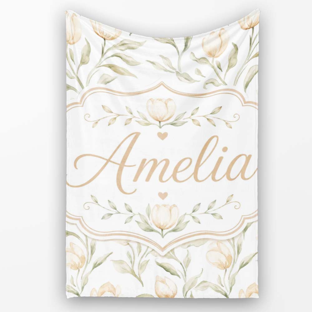 Soft Neutral Tulip Floral Pattern with Gentle Watercolor Leaves  Personalised Custom Name Super Soft Fleece Blanket Bed Sofa Throw