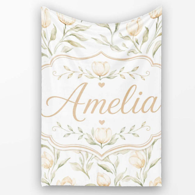 Soft Neutral Tulip Floral Pattern with Gentle Watercolor Leaves  Personalised Custom Name Super Soft Fleece Blanket Bed Sofa Throw