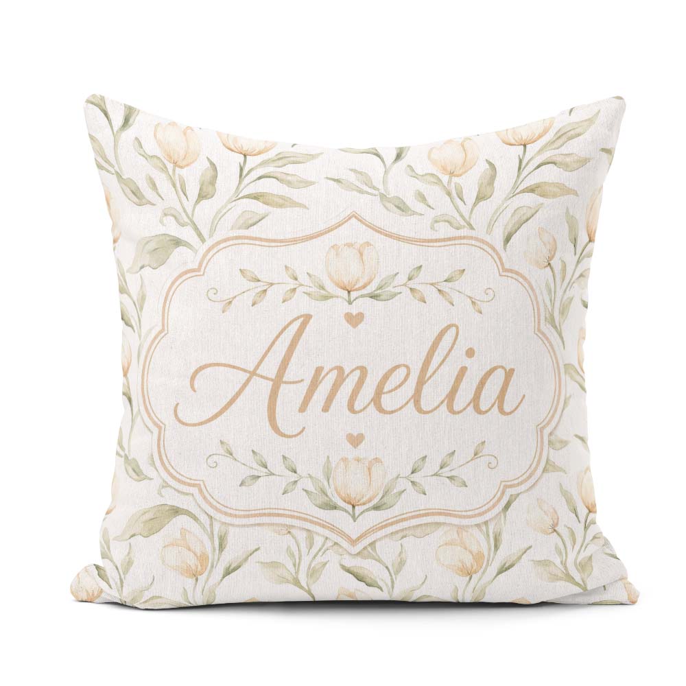 Custom Name Soft Neutral Tulip Floral Pattern with Gentle Leaves Square Filled Cushion Throw Pillow Sofa Bed Home Decor Zip Washable UK Made