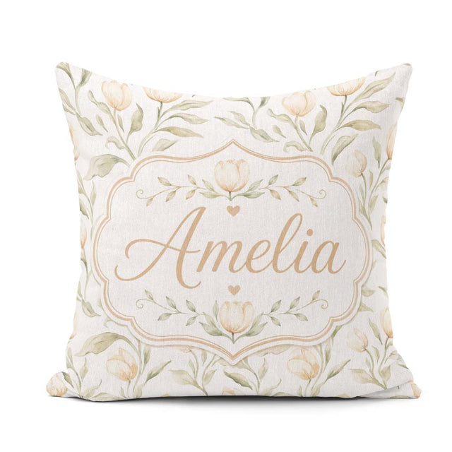Custom Name Soft Neutral Tulip Floral Pattern with Gentle Leaves Square Filled Cushion Throw Pillow Sofa Bed Home Decor Zip Washable UK Made