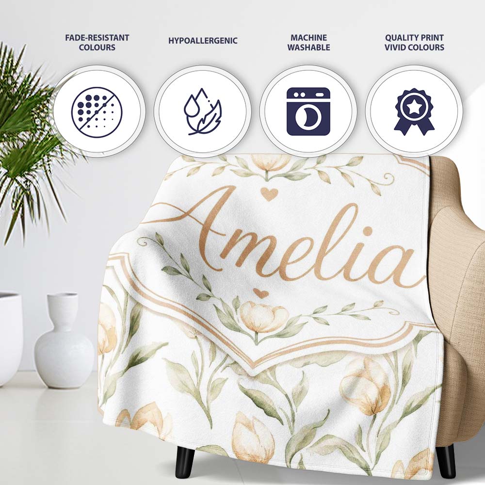 Soft Neutral Tulip Floral Pattern with Gentle Watercolor Leaves  Personalised Custom Name Super Soft Fleece Blanket Bed Sofa Throw