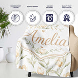 Soft Neutral Tulip Floral Pattern with Gentle Watercolor Leaves  Personalised Custom Name Super Soft Fleece Blanket Bed Sofa Throw