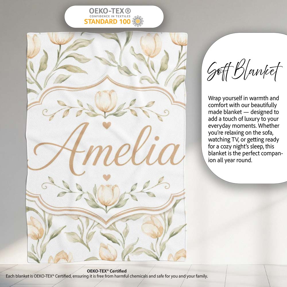 Soft Neutral Tulip Floral Pattern with Gentle Watercolor Leaves  Personalised Custom Name Super Soft Fleece Blanket Bed Sofa Throw