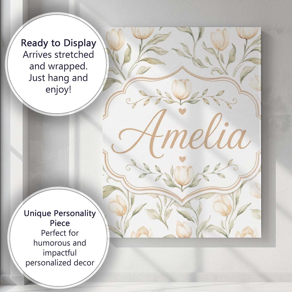 Personalised Name Soft Neutral Tulip Floral Custom  Bespoke Interior Contemporary Canvas Wall Art Print Decor Picture Ready to Hang