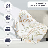 Soft Neutral Tulip Floral Pattern with Gentle Watercolor Leaves  Personalised Custom Name Super Soft Fleece Blanket Bed Sofa Throw