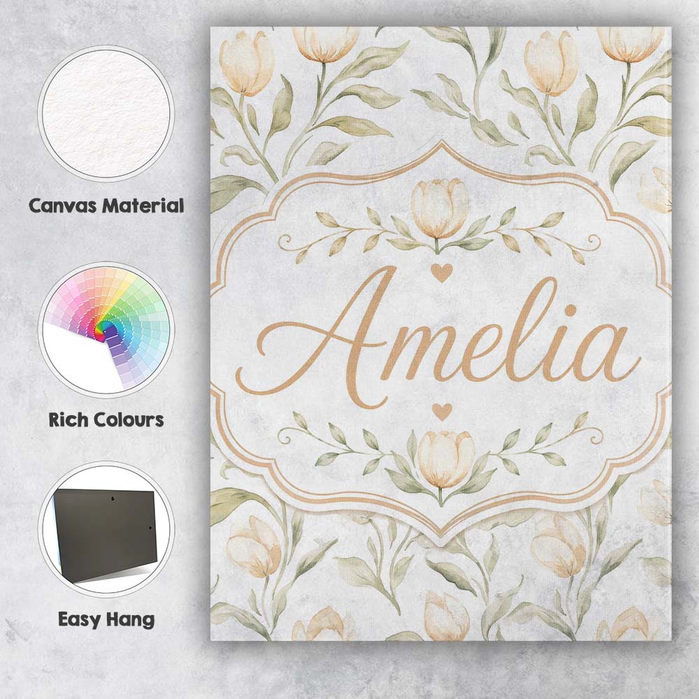 Personalised Name Soft Neutral Tulip Floral Custom  Bespoke Interior Contemporary Canvas Wall Art Print Decor Picture Ready to Hang
