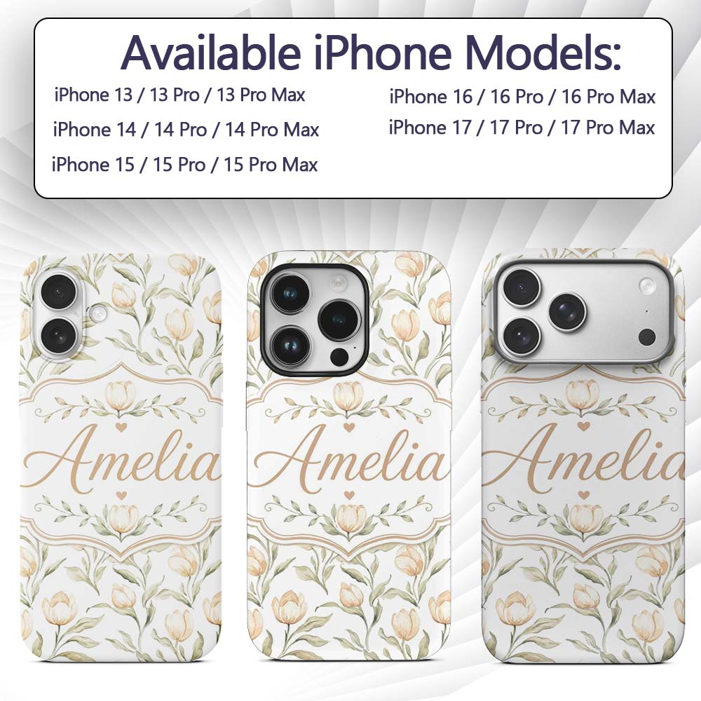 Soft Neutral Tulip Floral Pattern with Gentle Custom Name Protective Phone Case Mobile Cover Durable Everyday Smartphone Shock Resistant