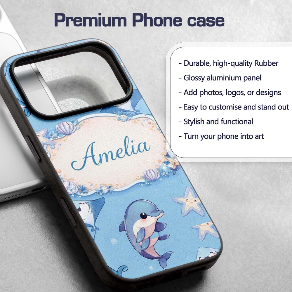 Cute Dolphin Stingray Starfish Cartoon Sea Life Custom Name Protective Phone Case Mobile Cover Durable Everyday Smartphone Shock Resistant