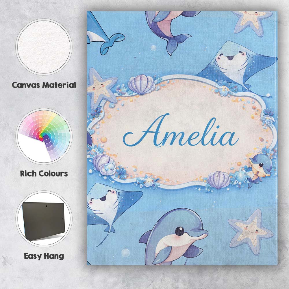 Personalised Name Cute Dolphin Stingray Starfish Cartoon Sea Life Custom  Bespoke Canvas Wall Art Print Decor Picture Ready to Hang