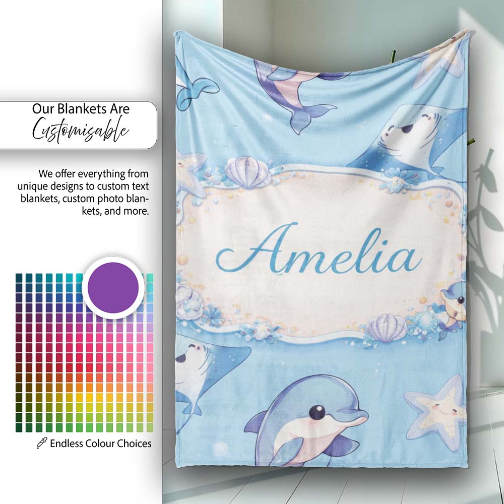 Cute Dolphin Stingray Starfish Cartoon Sea Life Pattern Blue Lovely  Personalised Custom Name Super Soft Fleece Blanket Bed Sofa Throw