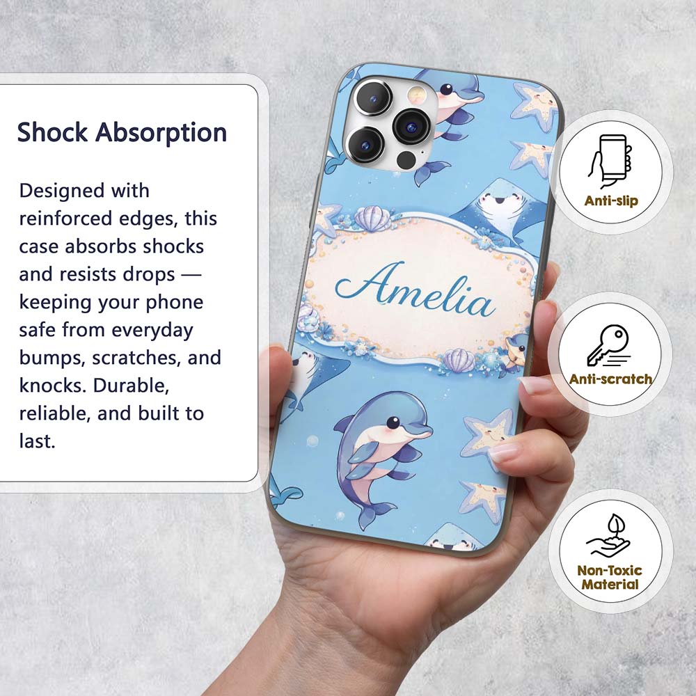 Cute Dolphin Stingray Starfish Cartoon Sea Life Custom Name Protective Phone Case Mobile Cover Durable Everyday Smartphone Shock Resistant