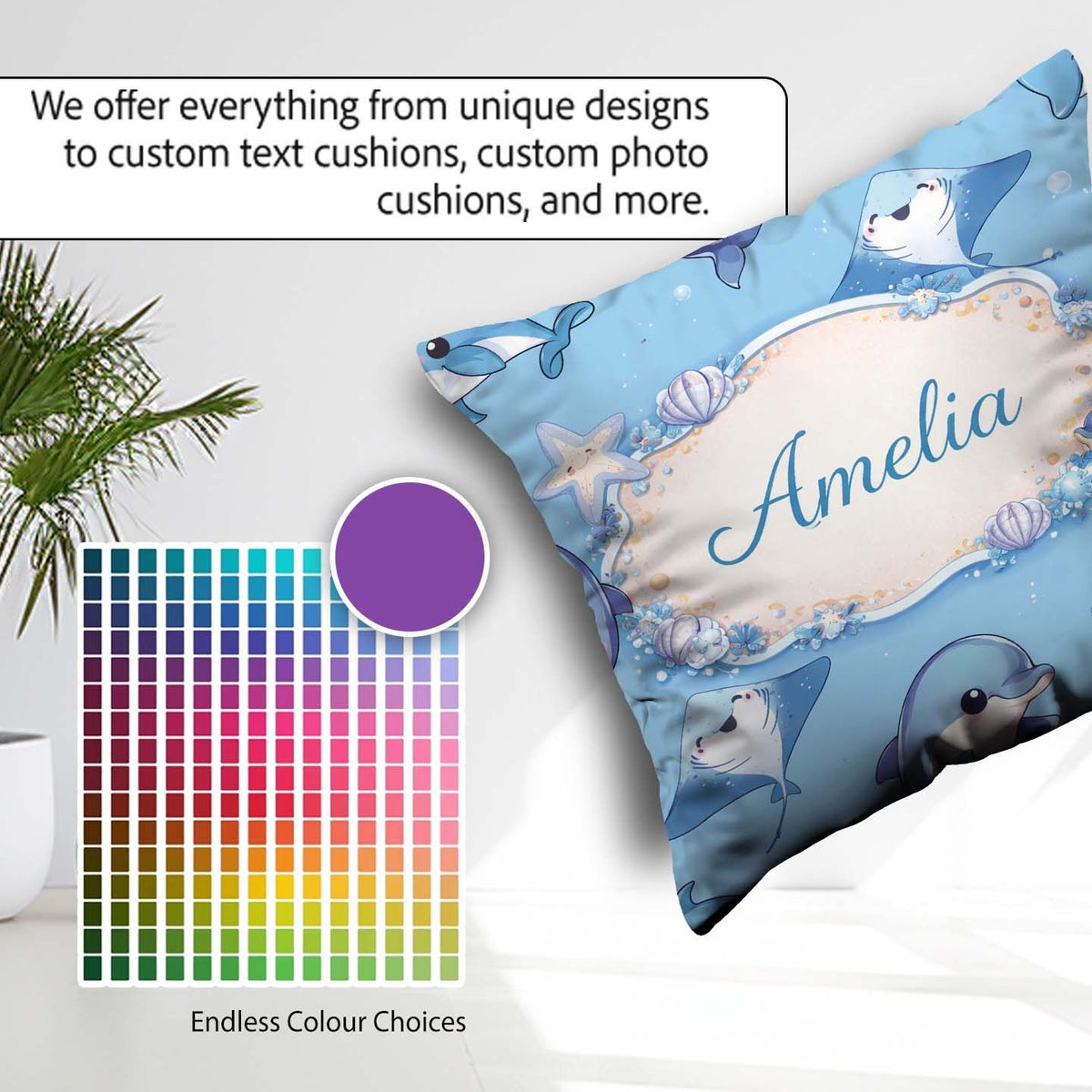 Custom Name Cute Dolphin Stingray Starfish Cartoon Sea Life Blue Square Filled Cushion Throw Pillow Sofa Bed Home Decor Zip Washable UK Made
