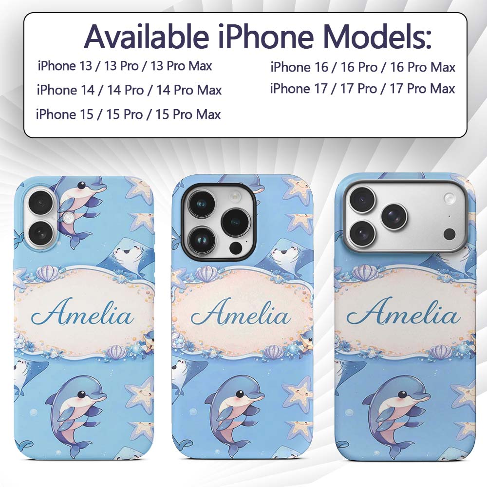 Cute Dolphin Stingray Starfish Cartoon Sea Life Custom Name Protective Phone Case Mobile Cover Durable Everyday Smartphone Shock Resistant