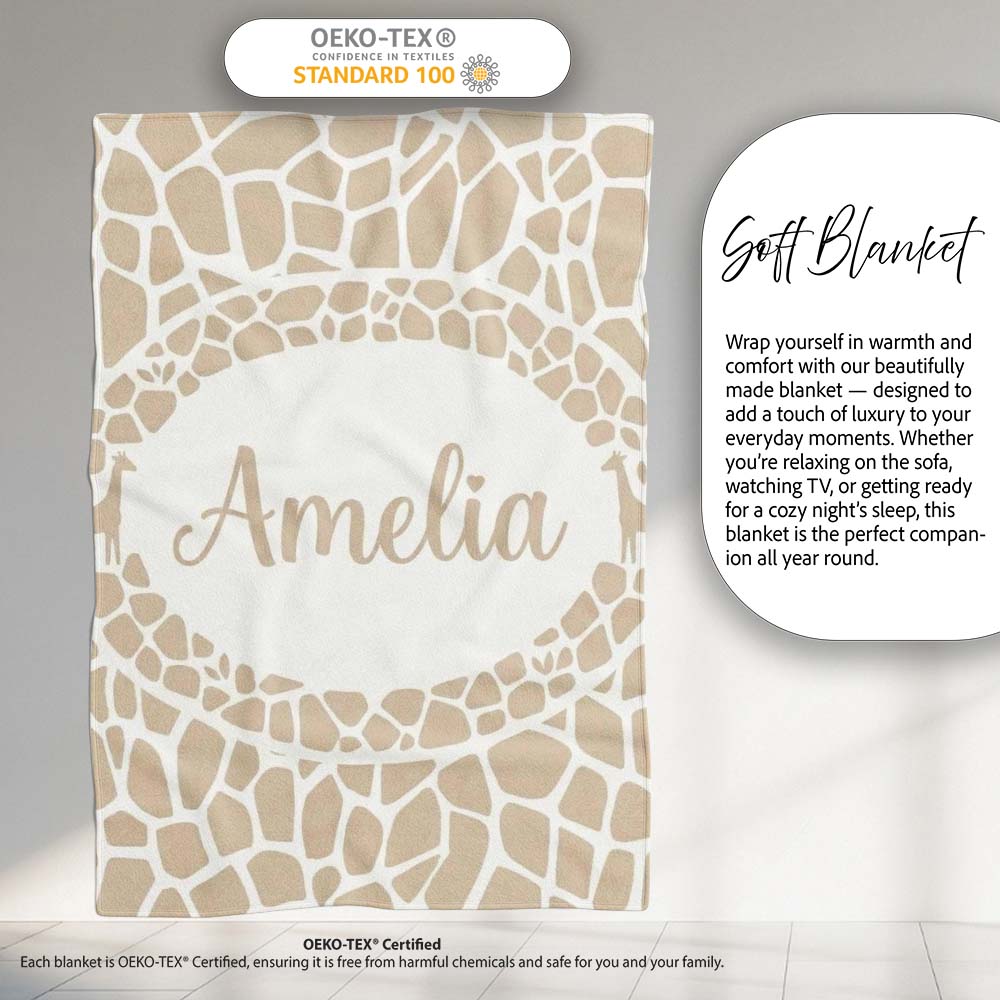 Abstract Giraffe Print Pattern in Soft Beige and White Organic  Personalised Custom Name Super Soft Fleece Blanket Bed Sofa Throw