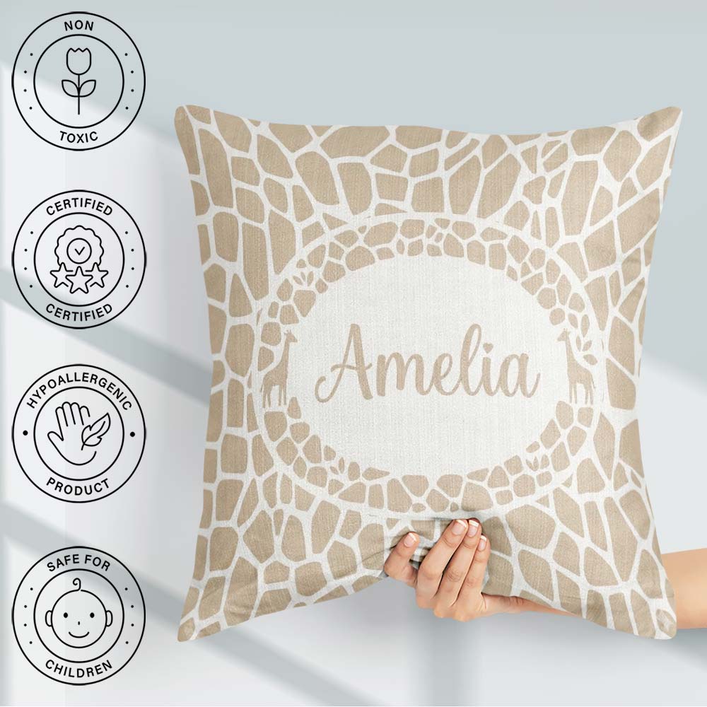 Custom Name Abstract Giraffe Print Pattern in Soft Beige Organic Square Filled Cushion Throw Pillow Sofa Bed Home Decor Zip Washable UK Made