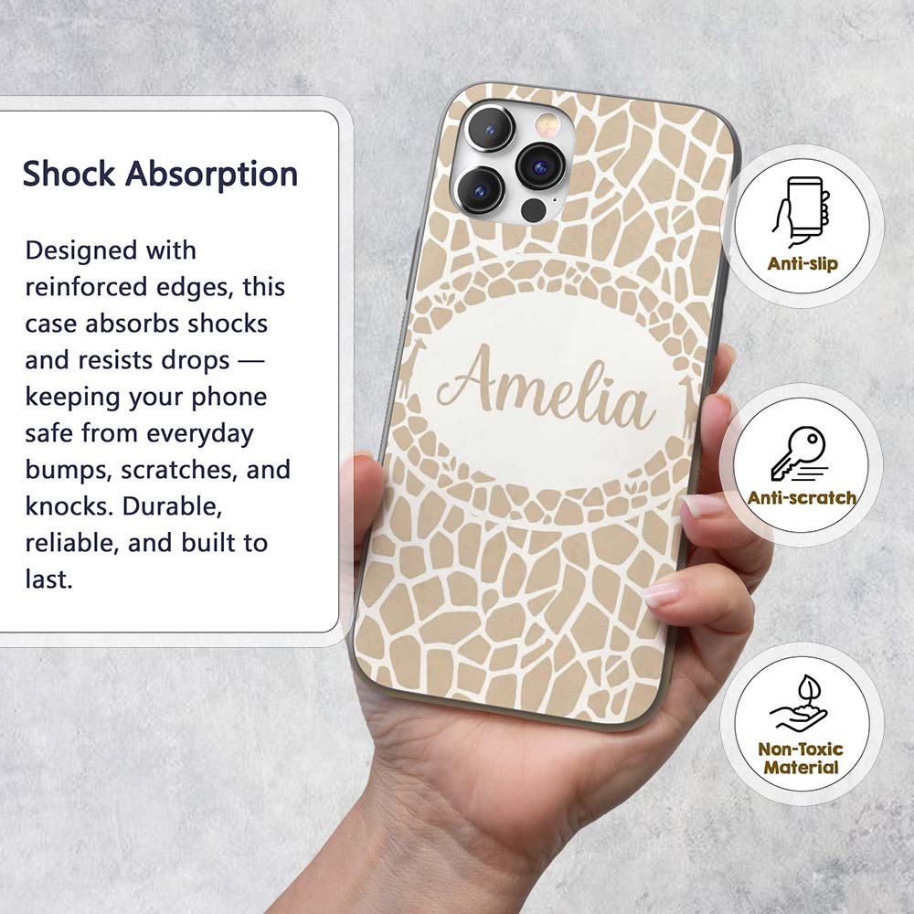 Abstract Giraffe Print Pattern in Soft Beige and Custom Name Protective Phone Case Mobile Cover Durable Everyday Smartphone Shock Resistant