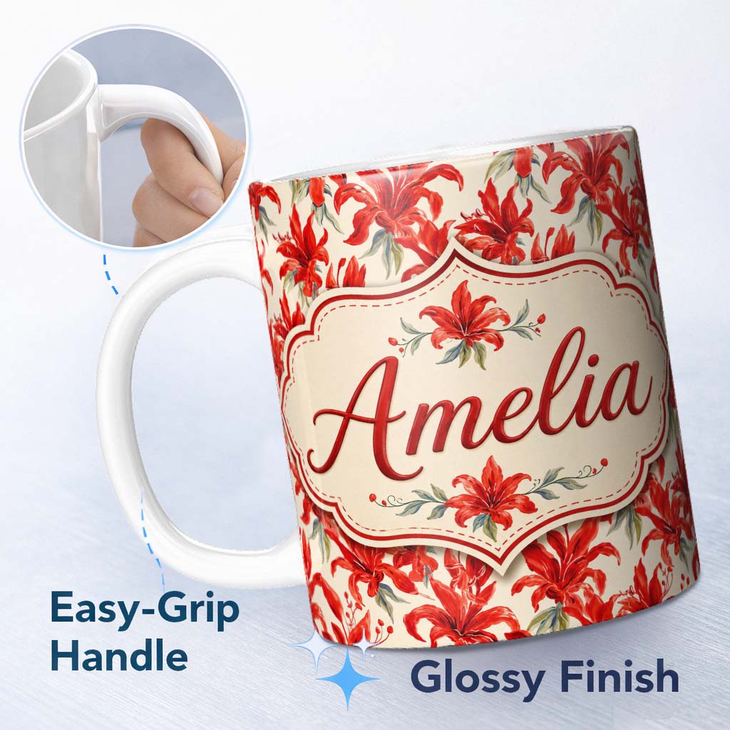 Personalized Custom Name Bold Red Lily Watercolor Floral Seamless Pattern Cute Unique Gift 11oz Ceramic Coffee Tea Mug White Large Handle
