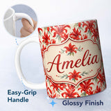 Personalized Custom Name Bold Red Lily Watercolor Floral Seamless Pattern Cute Unique Gift 11oz Ceramic Coffee Tea Mug White Large Handle