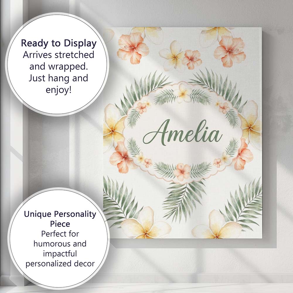 Personalised Name Tropical Hibiscus and Custom  Modern Room Accent Elegant Feature Canvas Wall Art Print Decor Picture Ready to Hang