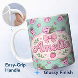 Personalized Custom Name Cute Pink Plant Pots Leaves Strawberry Seamless Pattern Mint Lovely 11oz Ceramic Coffee Tea Mug White Large Handle