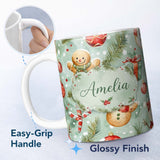 Personalized Custom Name Cute Gingerbread Snowman Candy Cane Gift Holiday Seamless Pattern 11oz Ceramic Coffee Tea Mug White Large Handle