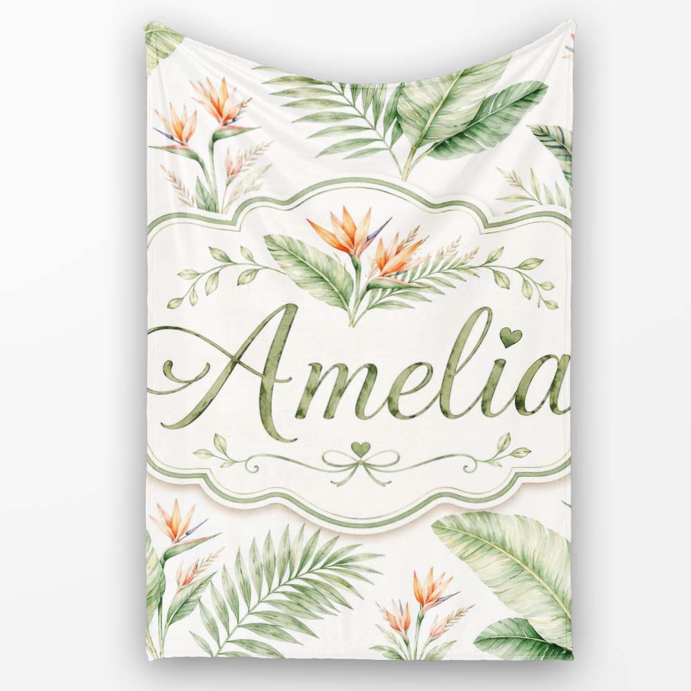 Watercolor Tropical Banana Leaves and Bird of Paradise Floral Lovely  Personalised Custom Name Super Soft Fleece Blanket Bed Sofa Throw