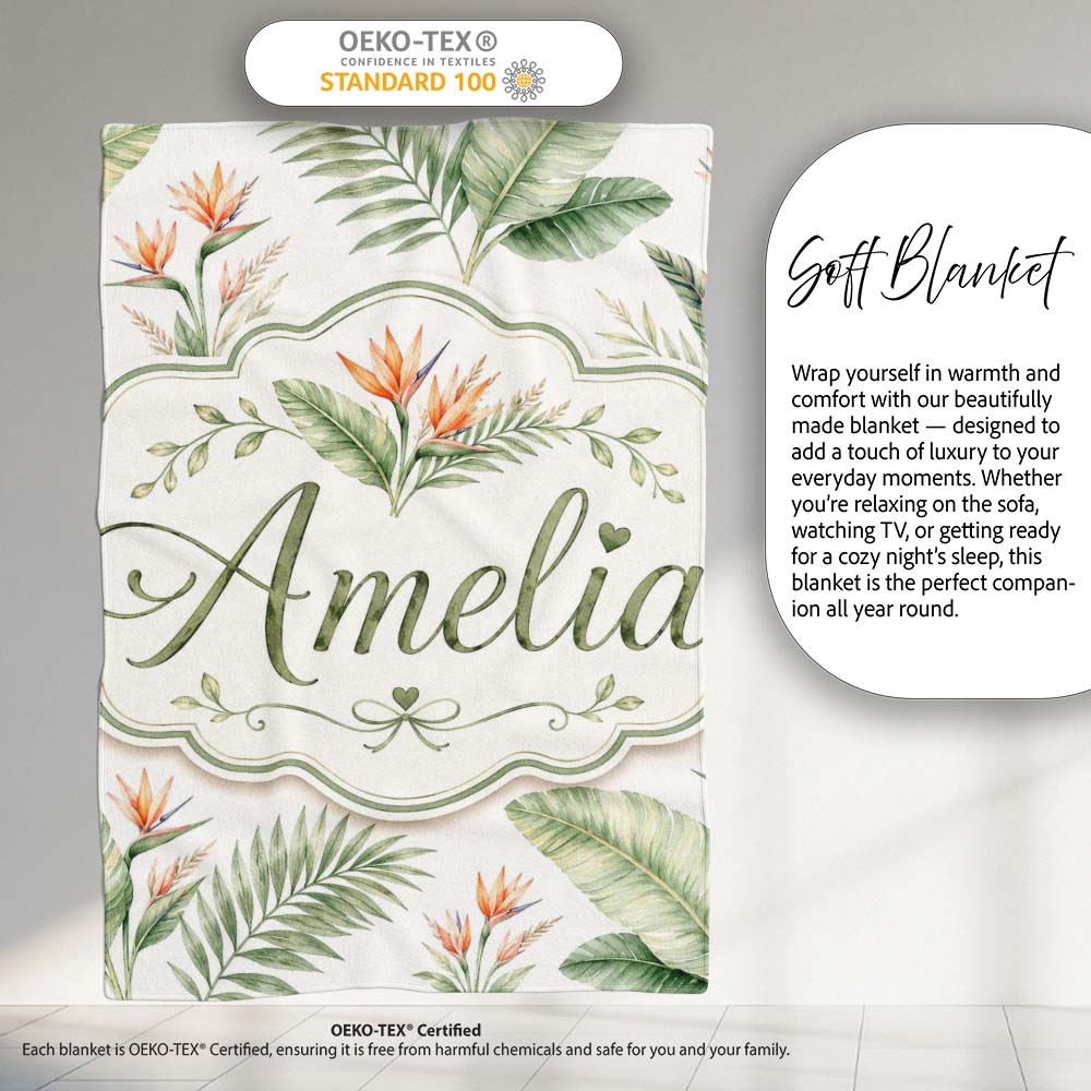 Watercolor Tropical Banana Leaves and Bird of Paradise Floral Lovely  Personalised Custom Name Super Soft Fleece Blanket Bed Sofa Throw